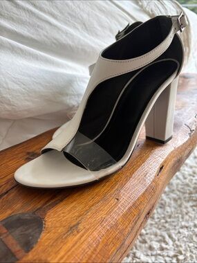 Women's white Tibi Block Heel Sandals with Clear Strap
